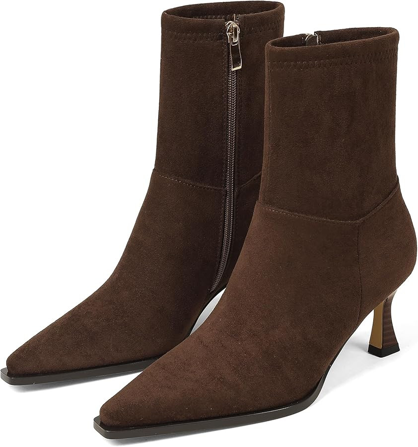 Womens Brown Suede Fall Boots with Side Zip, Ankle, Mid Calf, Pointed Toe, Kitten Heel, Dressy, S... | Amazon (US)