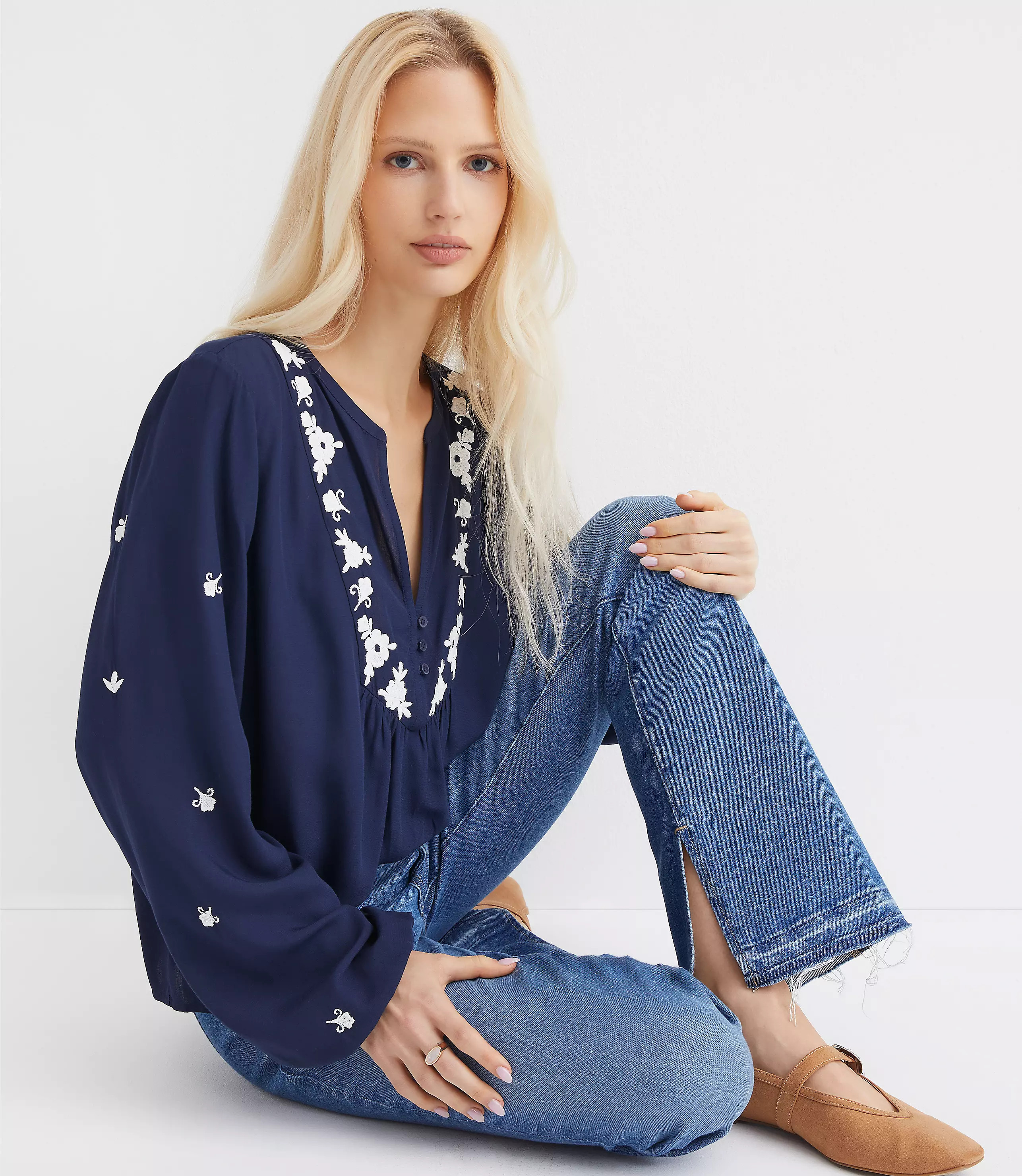 Floral Embroidered Bib Blouse | LOFT