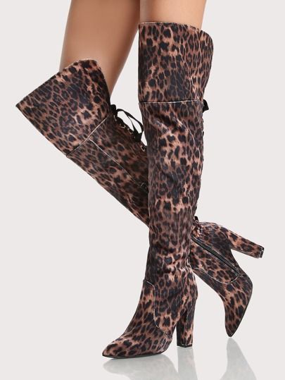 Back Lace Leopard Print Faux Suede Point Toe Boots LEOPARD | SHEIN