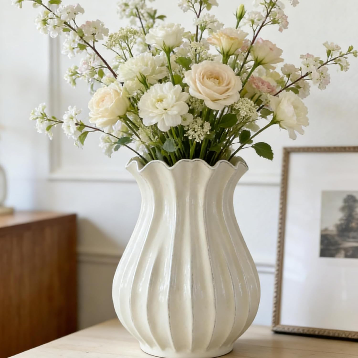 Qinyoung Large White Vintage 9 Inch Pleated Ceramic Vase Sour Cream Stylish Decorative Flower Vase for Bouquet Home Farmhouse Living Room Cabinet Table Centerpieces Kitchen Shelf Wedding Decorations | Amazon (US)