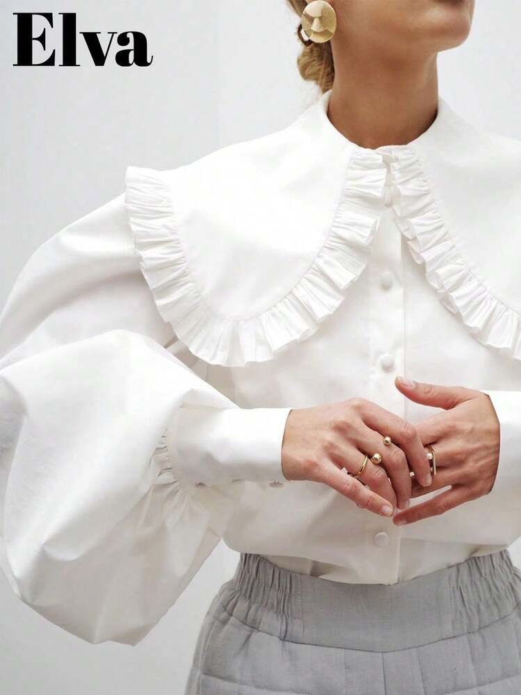 Elegant Women's Solid Color Peter Pan Collar Bishop Sleeve & Ruffle Detail Fashion Long Sleeve Blouse, Versatile For Commute, Casual, Minimalist, Spring/Summer/Autumn/Winter, Suitable For New Year, New Year's Eve, Valentine's Day, Date, Party, Business Office, Romantic Valentine's Day | SHEIN