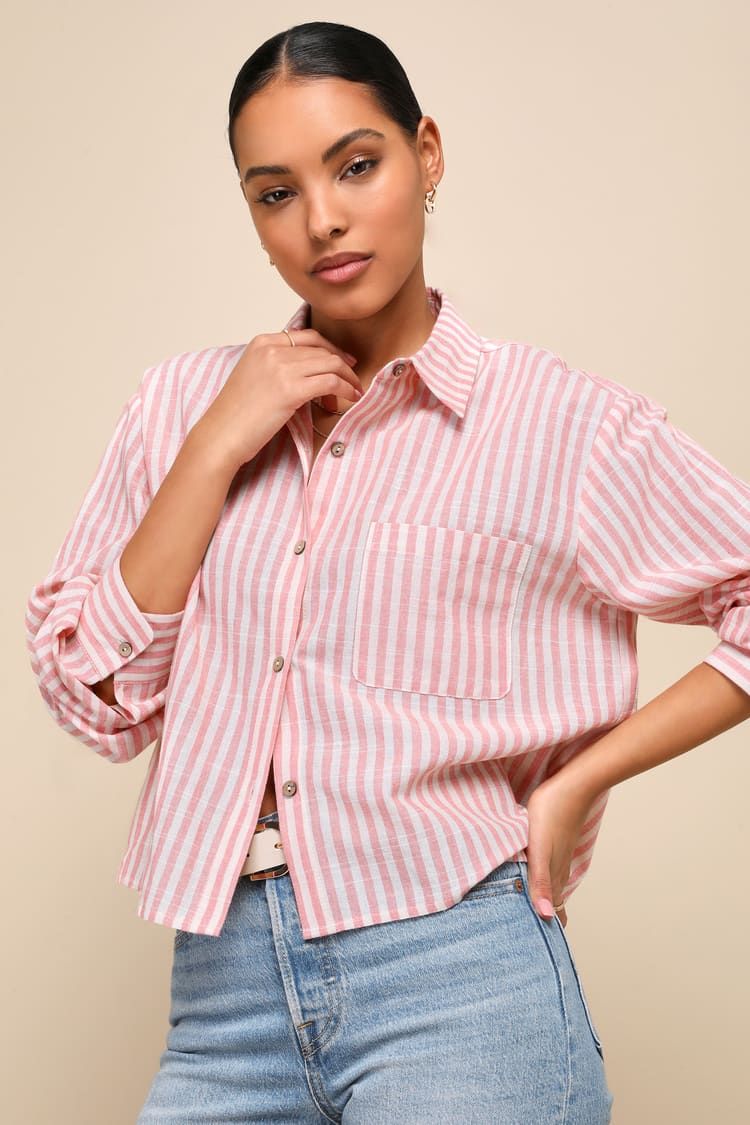 Chic Marvel Pink and Ivory Striped Button-Up Long Sleeve Top | Lulus