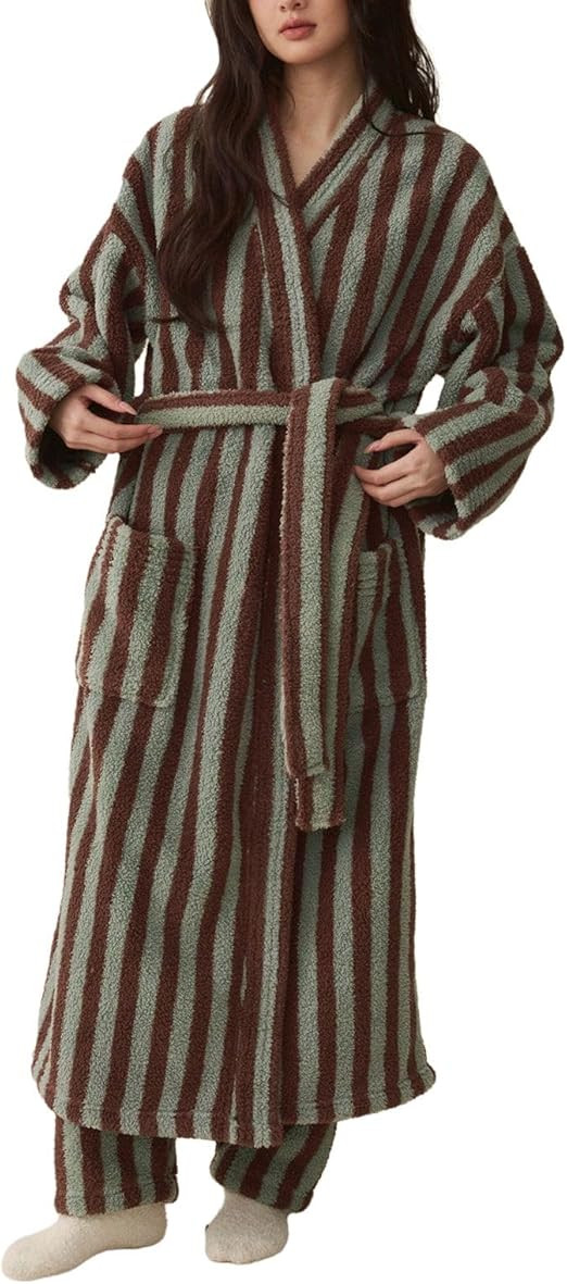 Women's Fuzzy Fleece Long Robe Striped Plush Kimono Warm Thick Fluffy Oversized V Neck Loungewear... | Amazon (US)
