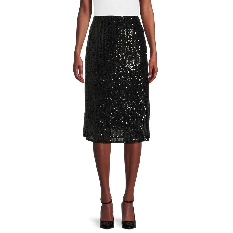 Time and Tru Women's Sequin Pull On Skirt with Side Slit, Sizes XS-XXXL | Walmart (US)