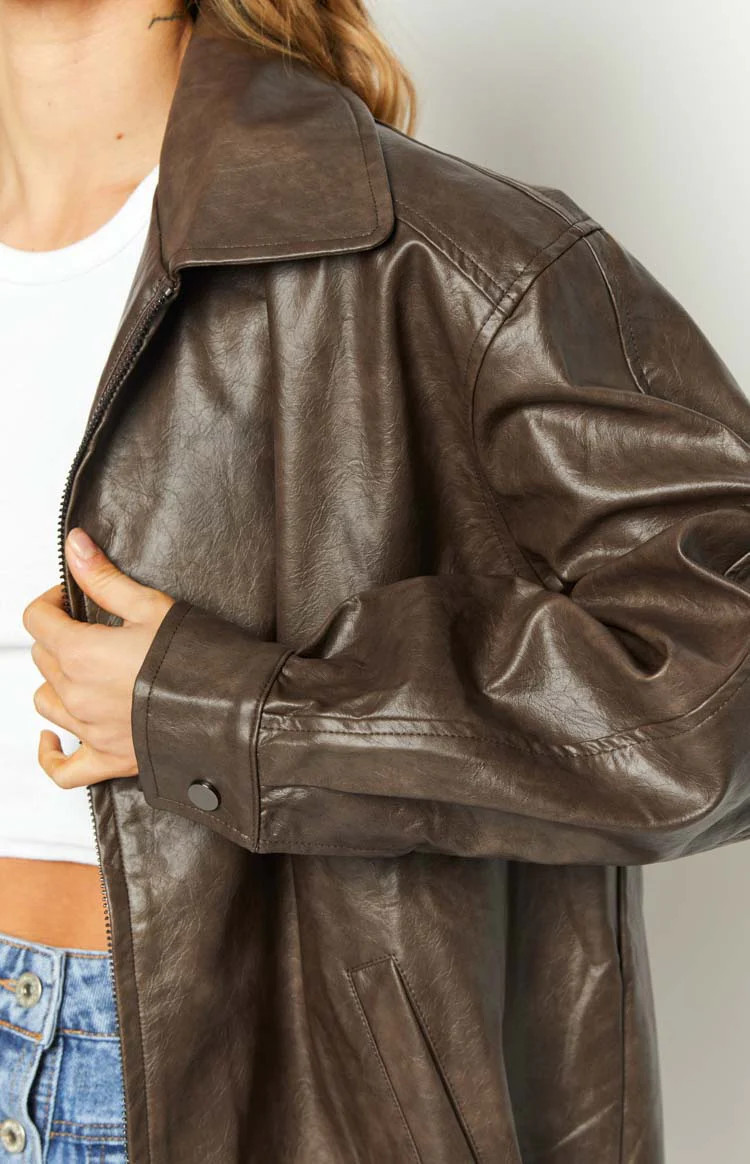 Abbi PU Vintage Brown Bomber Jacket | Beginning Boutique (US)