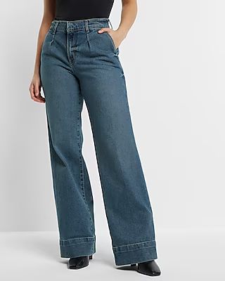 High Waisted Medium Wash Pleated Wide Leg Jeans | Express