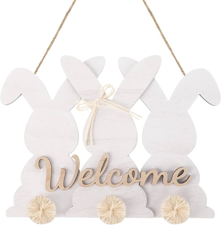 Easter Wooden Hanging Sign Easter Bunny Rabbit Welcome Sign Rustic Door Decorations with Bow for ... | Amazon (US)