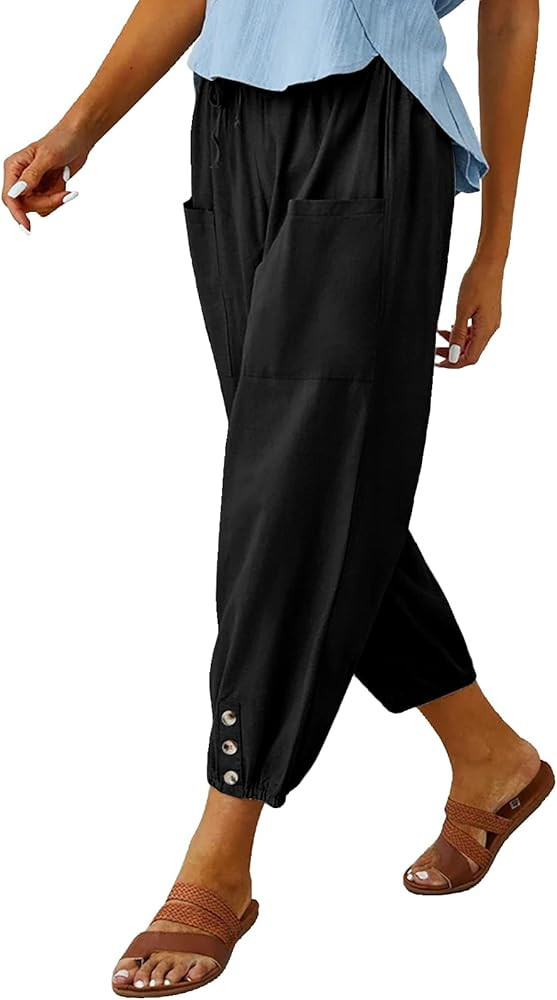 WROLEM Womens High Waist Pants Drawstring Wide Leg Cropped Casual Loose Capris with Pockets for W... | Amazon (US)