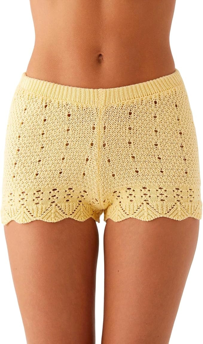 SOLILOQUY Women Y2K Crochet Knit Mini Shorts Hollow Out Low Rise Elastic Waist Micro Shorts Scall... | Amazon (US)