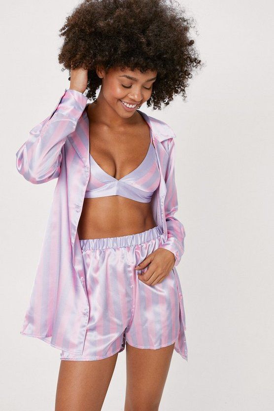 Satin Striped 3-Pc Pajama Shorts Set | Nasty Gal (US)