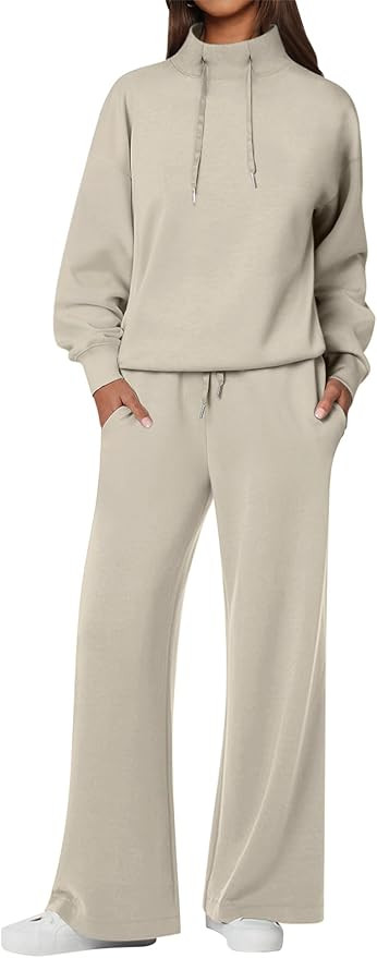 ANRABESS Womens 2 Piece Outfits Sweatsuit Set 2024 Fall Drawstring Sweatshirt Wide Leg Sweatpant ... | Amazon (US)