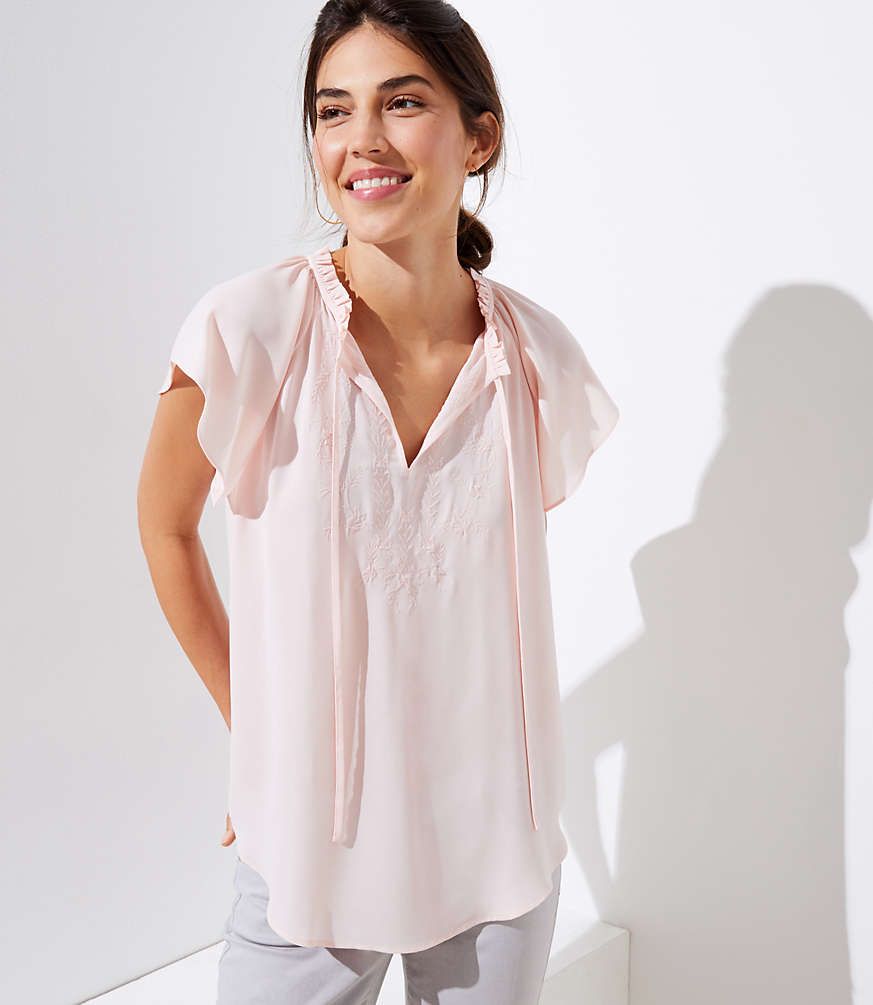 Embroidered Ruffle Tie Neck Top | LOFT