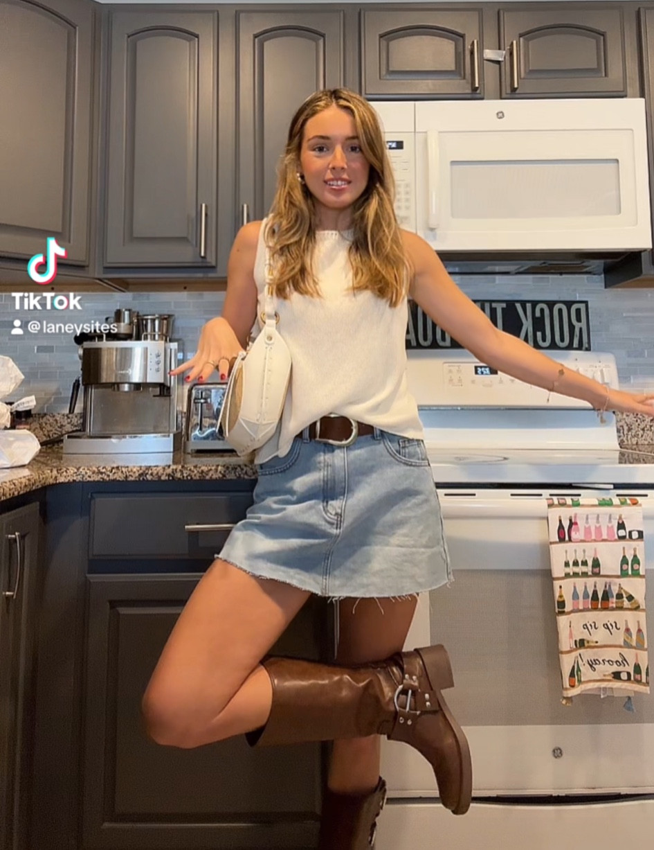 Spring summer denim skirt outfit 



Brown buckle boots white tank top summer bag brown belt 

#LTKItBag #LTKSeasonal #LTKFindsUnder50