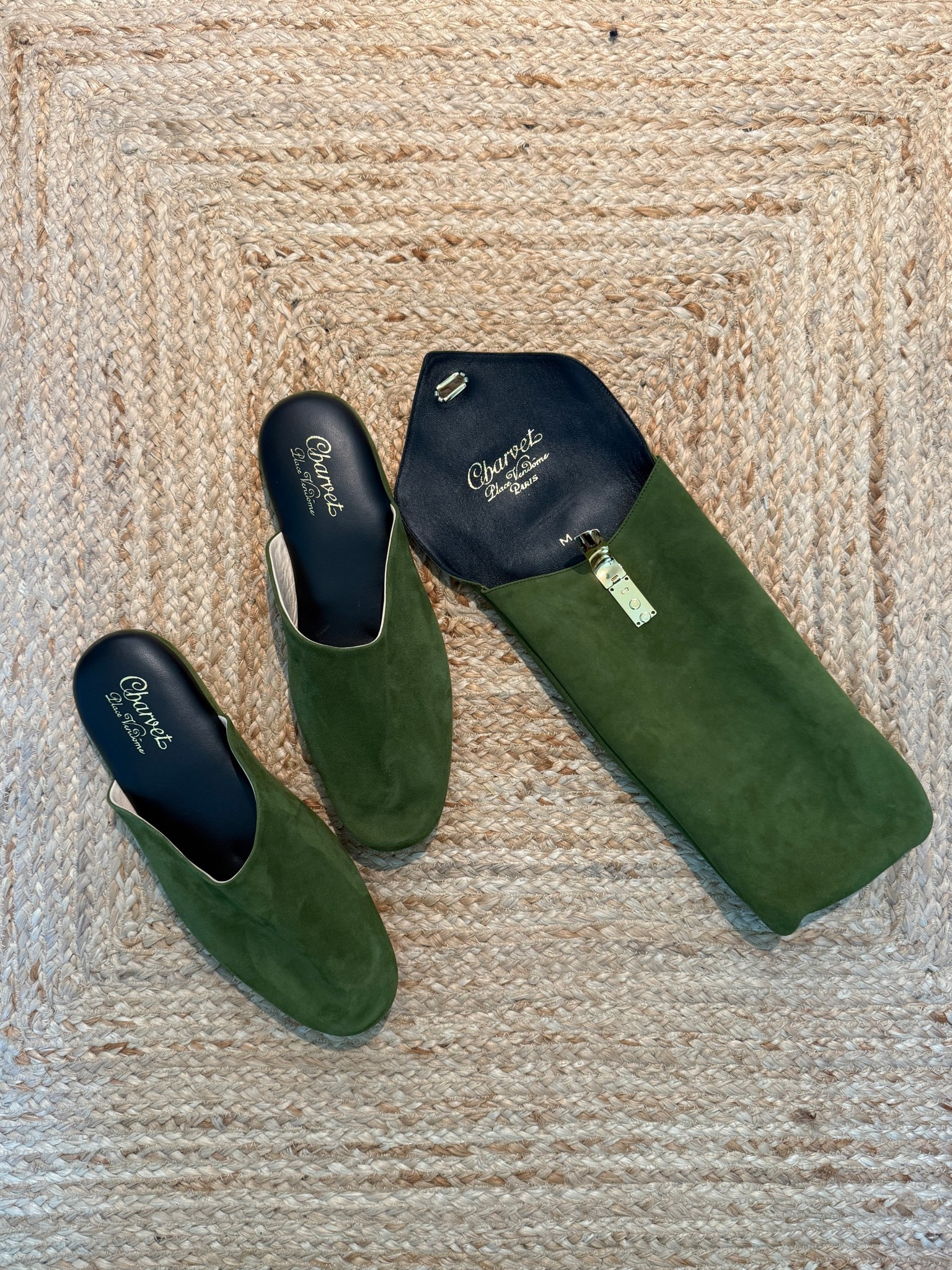 Charvet suede slippers / slides. #green #minimal 