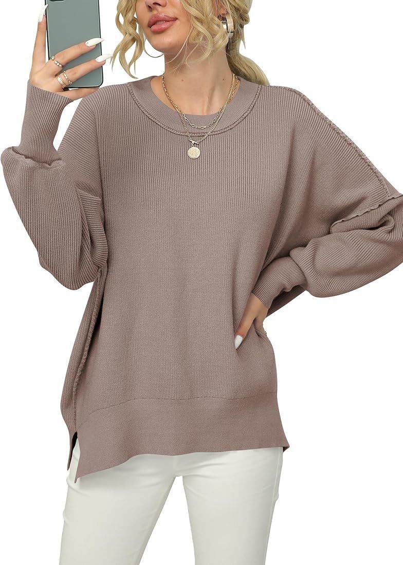 LOGENE Women's Oversized Batwing Long Sleeve Crewneck Side Slit Ribbed Knit Pullover Sweater Tops | Amazon (US)