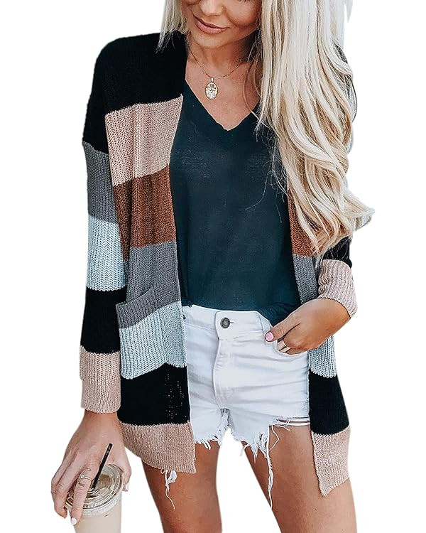 ECOWISH Womens Cardigan Color Block Striped Draped Kimono Cardigans Long Sleeve Open Front Casual... | Amazon (US)
