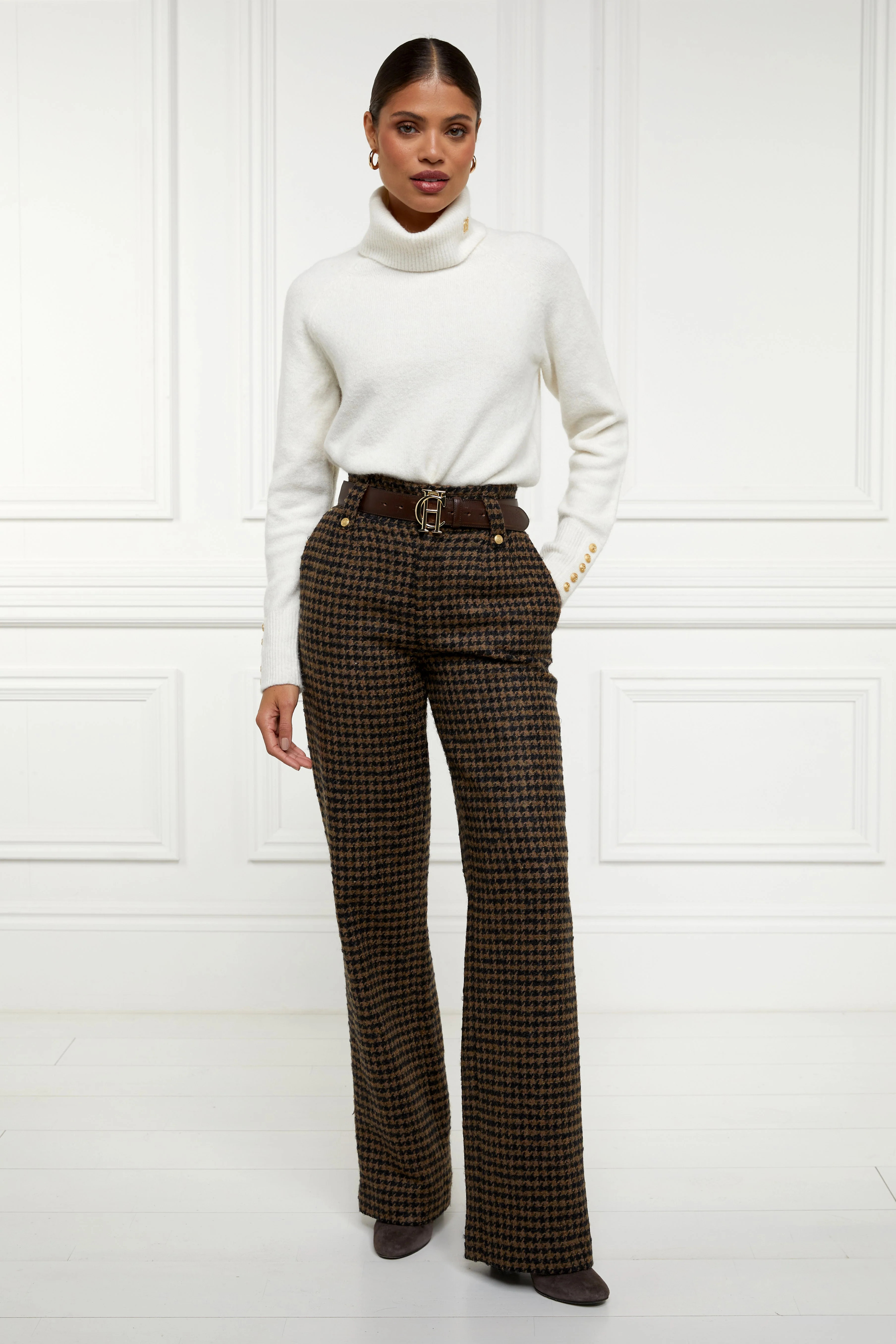 High Waisted Straight Trouser (Chocolate Houndstooth) | Holland Cooper