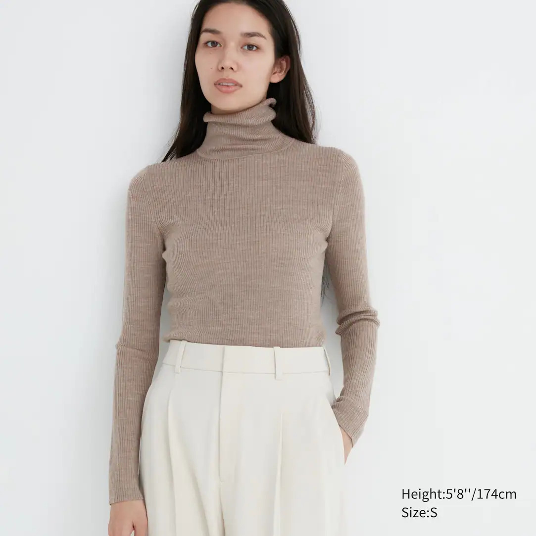 100% Extra Fine Merino Ribbed Turtleneck Jumper | UNIQLO (UK)