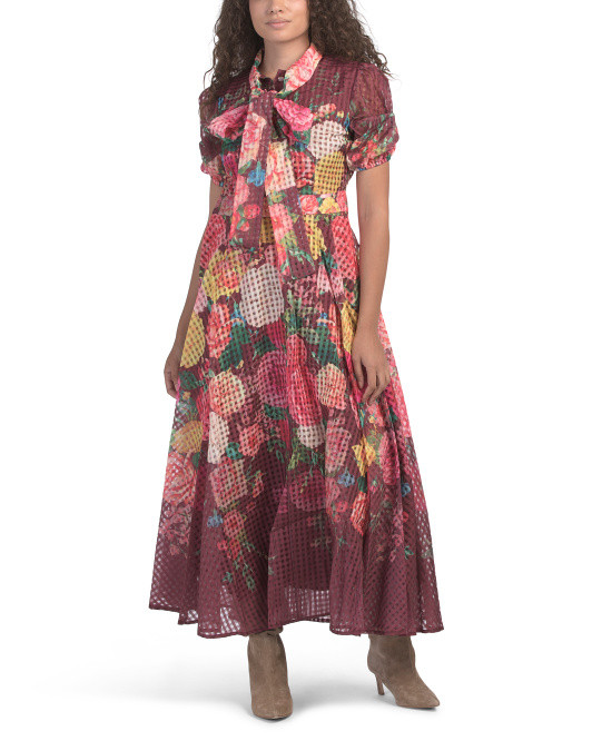 Puff Sleeve Tie Neck Floral Maxi Dress | TJ Maxx