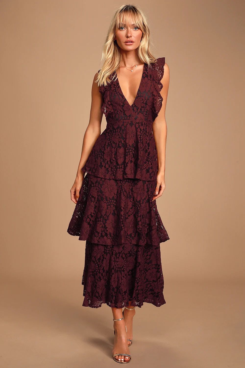 Molinetto Burgundy Lace Ruffled Tiered Sleeveless Maxi Dress | Lulus (US)