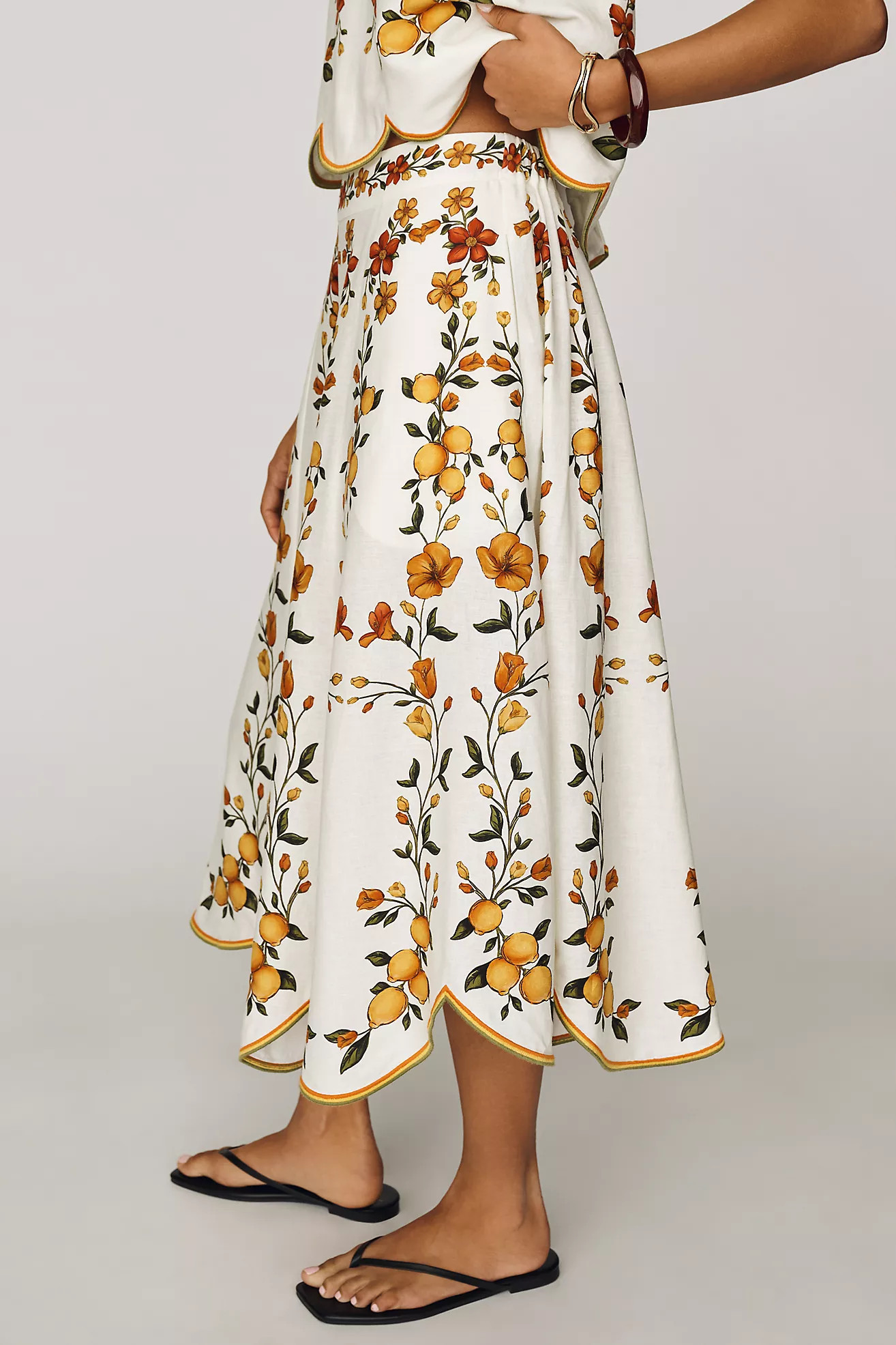 Farm Rio Lemon Bouquet Linen Blend Midi Skirt | Anthropologie (US)