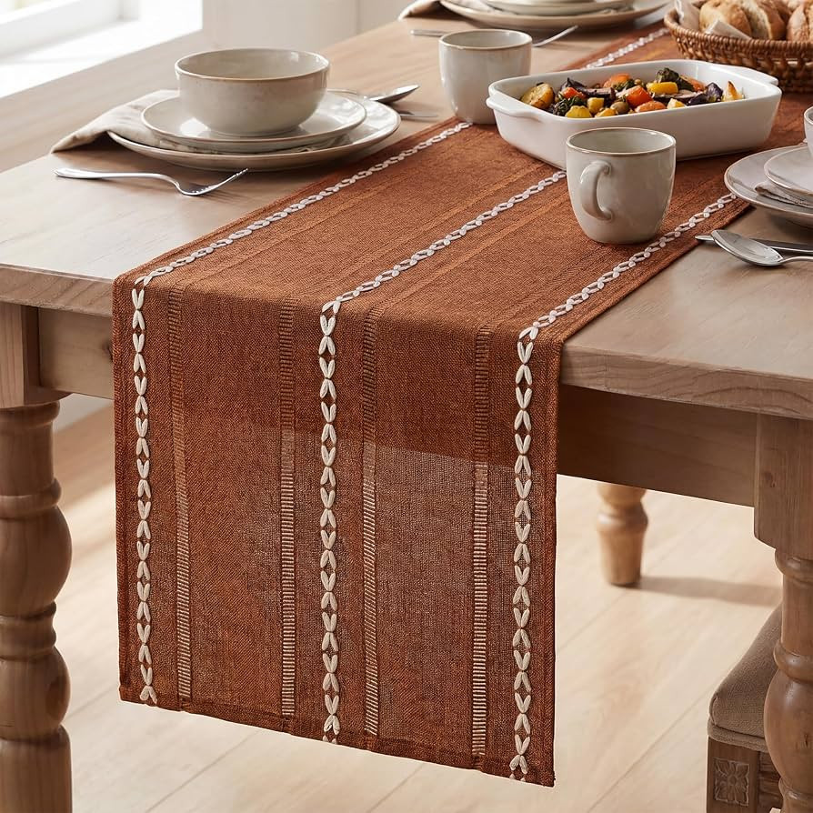Artoid Mode Caramel Rustic Cotton Linen Table Runner, Seasonal Fall Embroidered Hollow Kitchen Di... | Amazon (US)