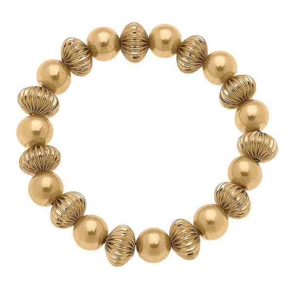 Adeline Ribbed Metal Ball Bead Stretch Bracelet in Worn Gold | CANVAS