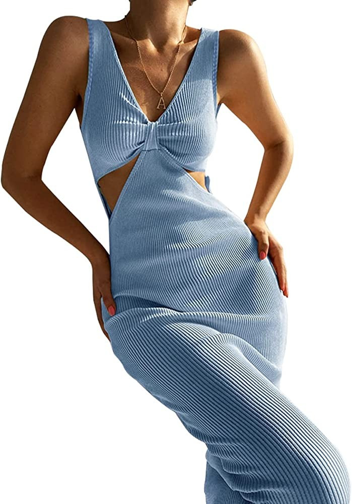 Ovokcina Women's Summer Sleeveles Cut Out Waist Split Side V Neck Midi Bodycon Twist Knot Front Tank | Amazon (US)