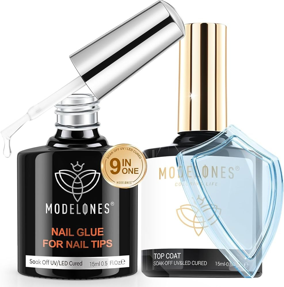 modelones Gel Nail Glue No Wipe Top Coat Nails Kit 15 ml 9 in 1 Base Coat, Sticker,Adhesive for N... | Amazon (US)