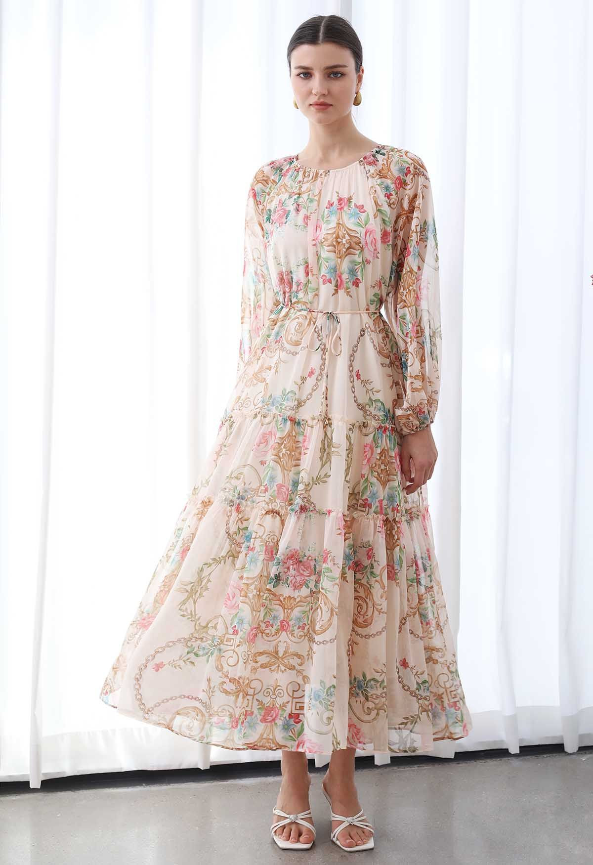 Peony Printed Ruffle Lantern Sleeve Maxi Dress in Apricot | Chicwish