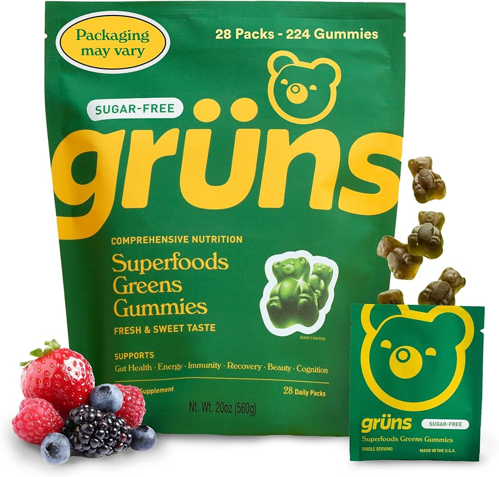 Gruns Adult Sugar-Free Super Greens Gummies, Superfood Gummy Bears with Spirulina, Chlorella, Fib... | Amazon (US)