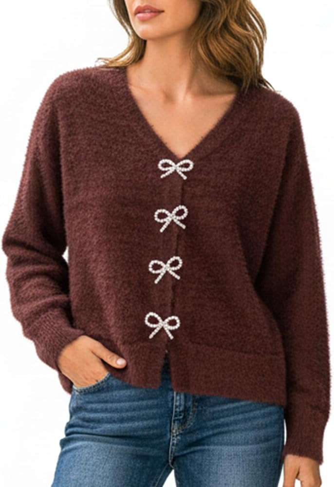 CUPSHE Women's Long Sleeve Knit Cardigan Bow Buttons Lightweight Open Front Sweater Fall Winter C... | Amazon (US)