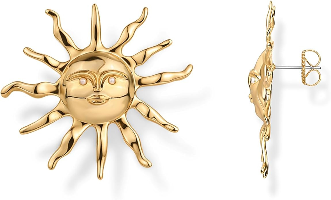 PAVOI 14K Gold Plated Statement Sun Earrings for Women - Chunky Sun Stud Earrings - Gold Big Cele... | Amazon (US)