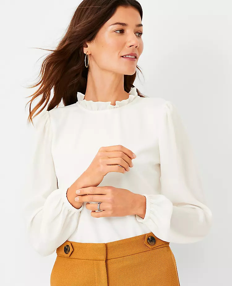 Mixed Media Ruffle Neck Top | Ann Taylor (US)