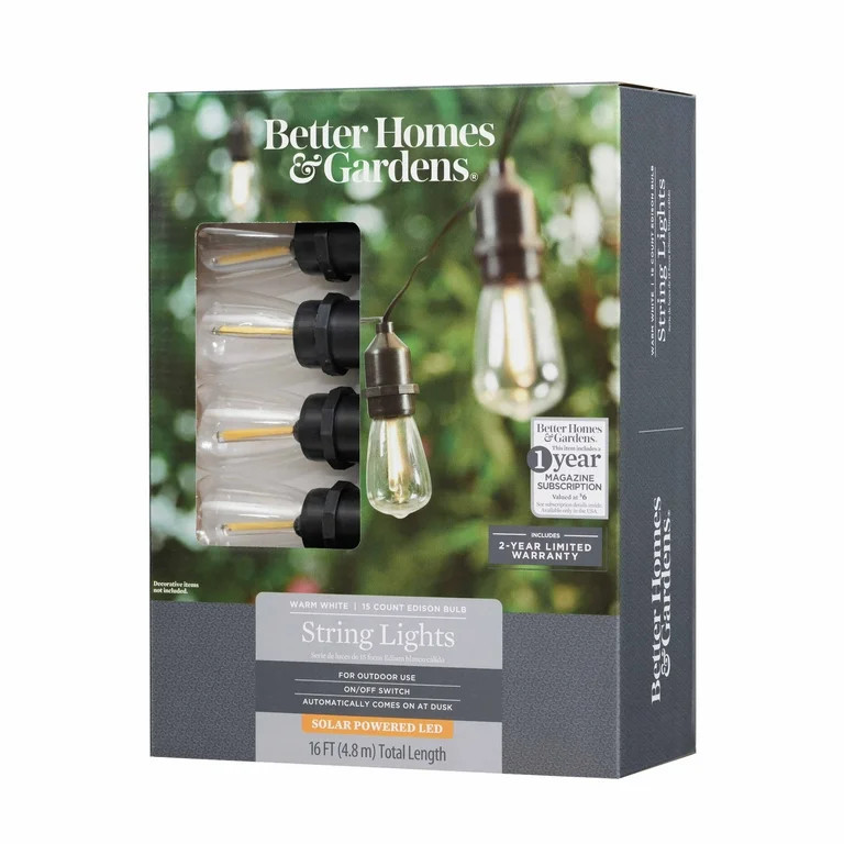 Better Homes & Gardens 15-Count Solar Powered Edison Outdoor String Lights, with Warm White LED B... | Walmart (US)
