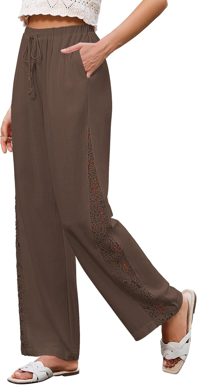 GRAPENT Linen Pants Women Wide Leg High Waisted Crochet Panel Pull On Elastic Waist Casual Summer... | Amazon (US)