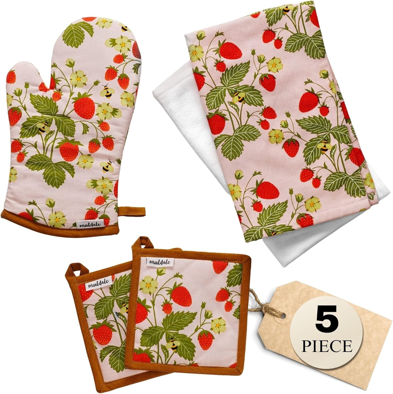 Muldale Oven Mitt and Kitchen Towel Set - Somerset Strawberry Dish Towels and Pot Holders - 5 Pac... | Amazon (US)