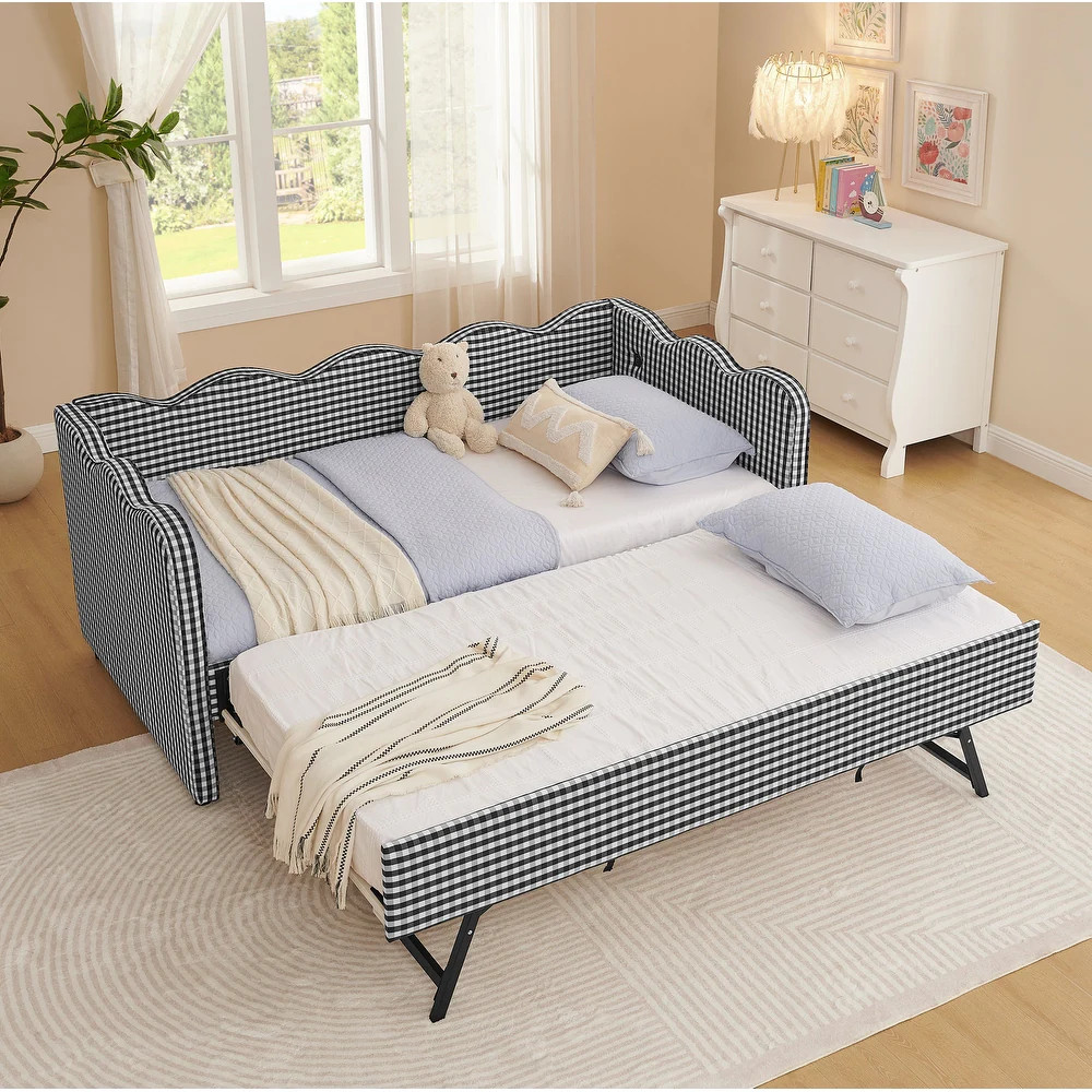 Gingham Daybed Linen Fabric Sofa Bed with Ejection Pull-out Trundle Bed and USB Port Wave Shaped ... | Bed Bath & Beyond