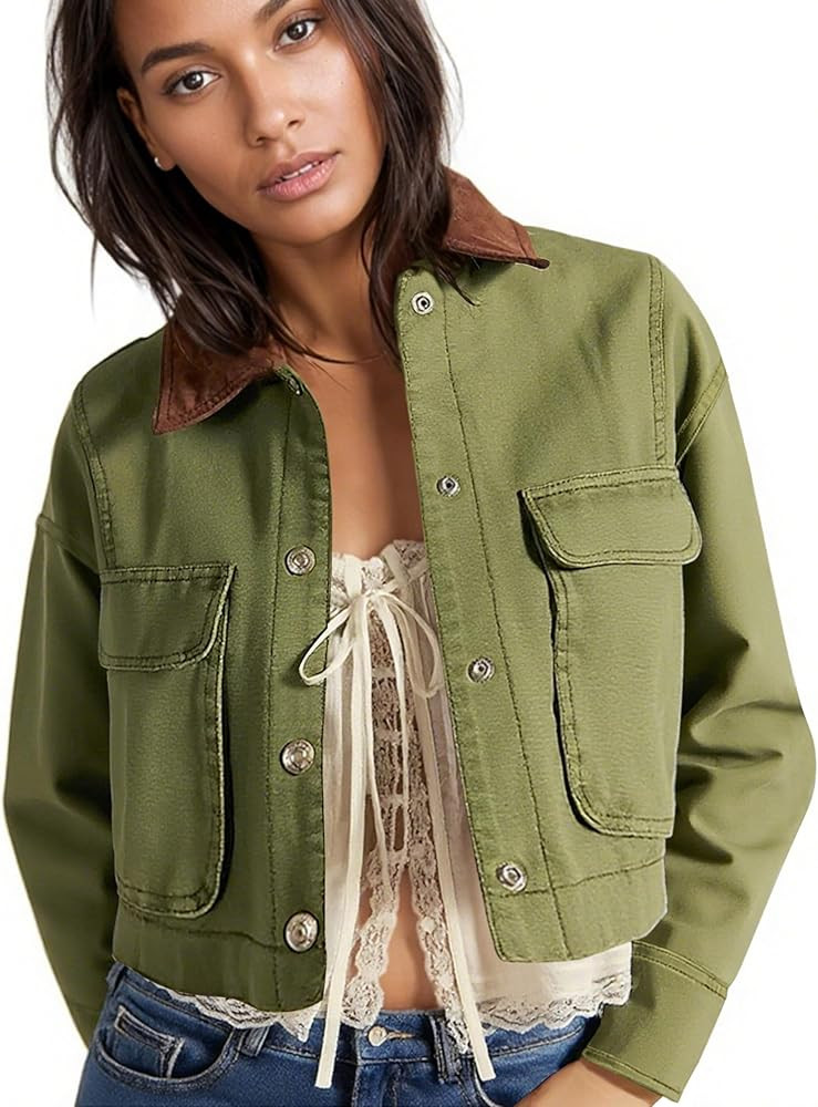 HangNiFang Cropped Barn Jacket for Women 2025 Contrast Collar Outwear Long Sleeve Cotton Short Ca... | Amazon (US)