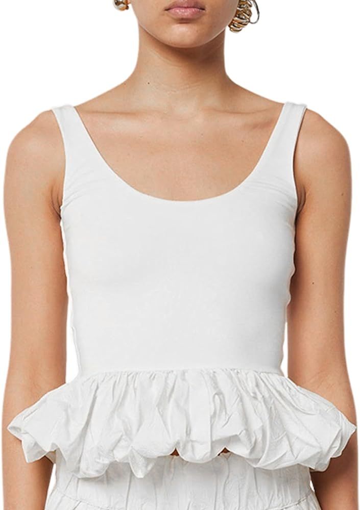 Yimoon Sleeveless Going Out Tops for Women Ruffle Hem Backless Solid Crop Tank Top 2024 Summer | Amazon (US)