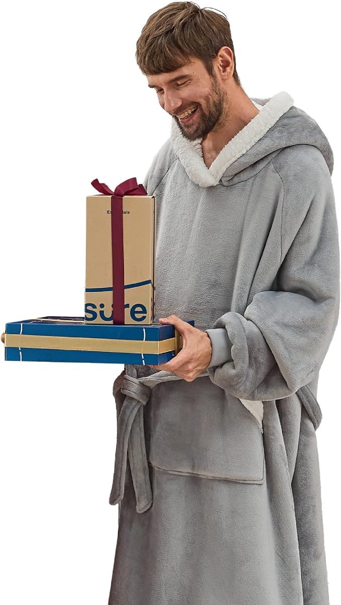 BEDSURE Oversized Wearable Blanket Hoodie, Long Sherpa Fleece Blanket Sweatshirt as Gifts for Men... | Amazon (US)