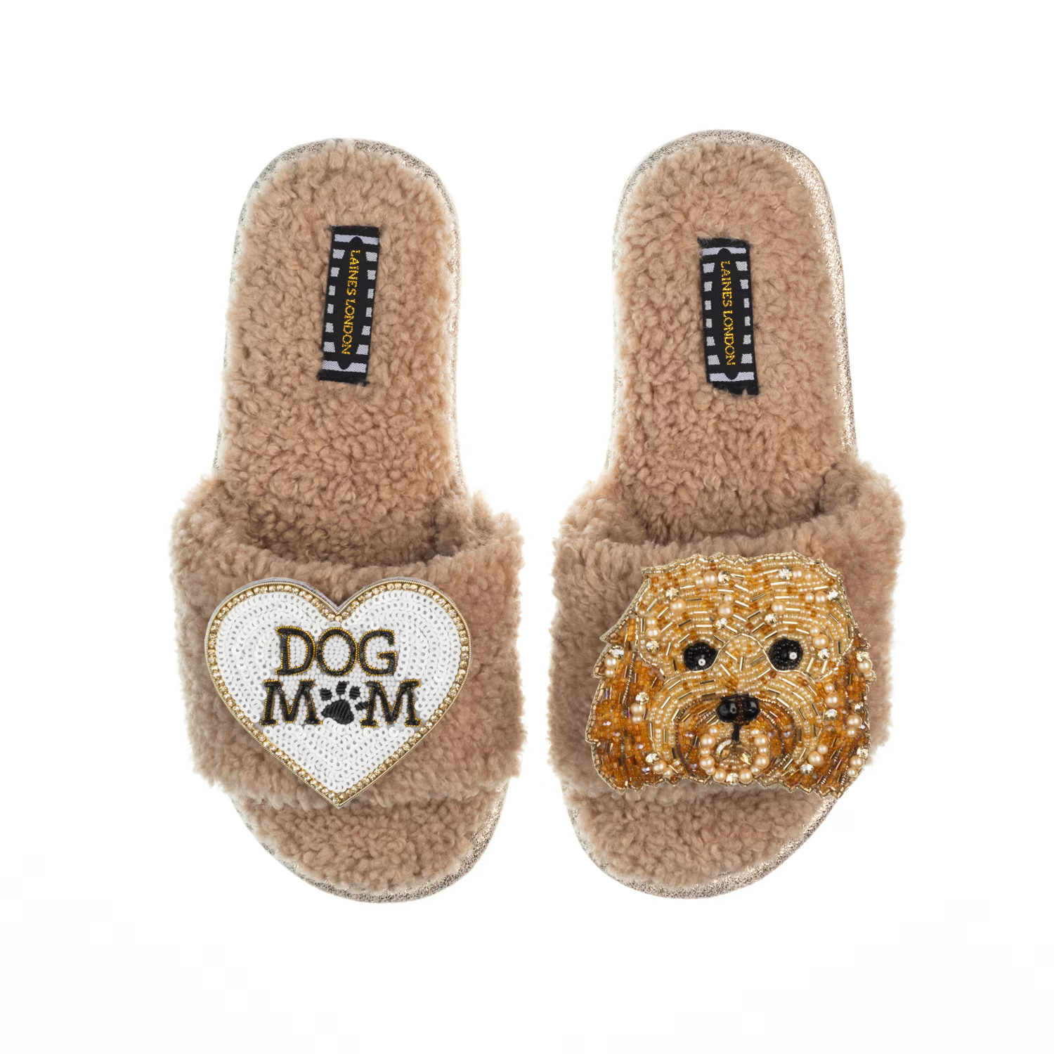 Teddy Toweling Slippers With Enki-Doo The Cockapoo & Dog Mum /Mom Brooches - Toffee | Wolf & Badger