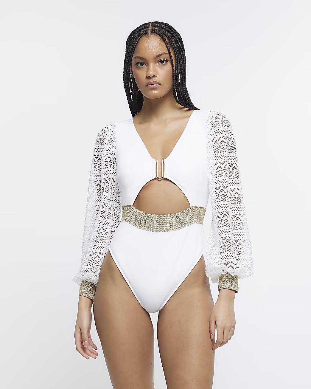 White lace detail plunge swimsuit | River Island (US)