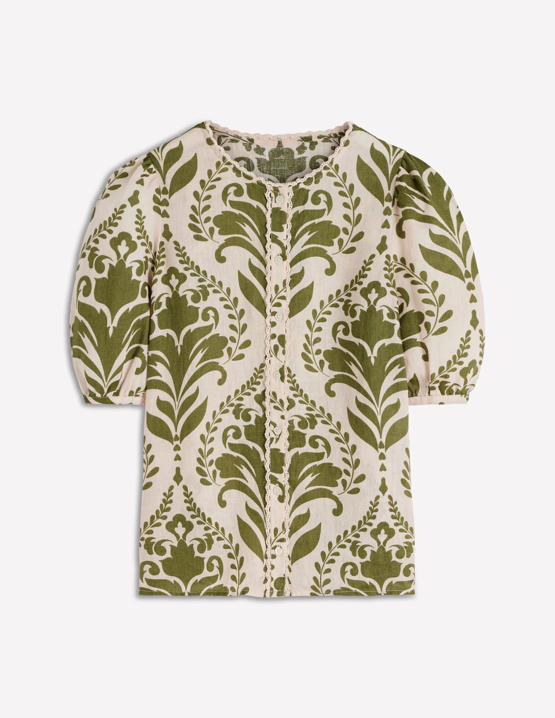 Leah Short Sleeve Linen Top-Ivory and Green Floral | Boden (US)