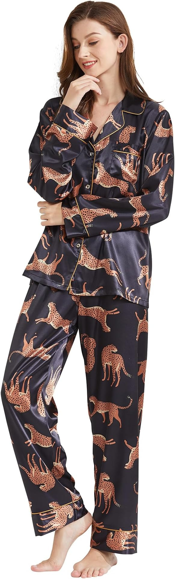 Women’s Silk Satin Classic Long Sleeve Pajamas Button Down Silky Floral Animals Pattern Set Lou... | Amazon (US)