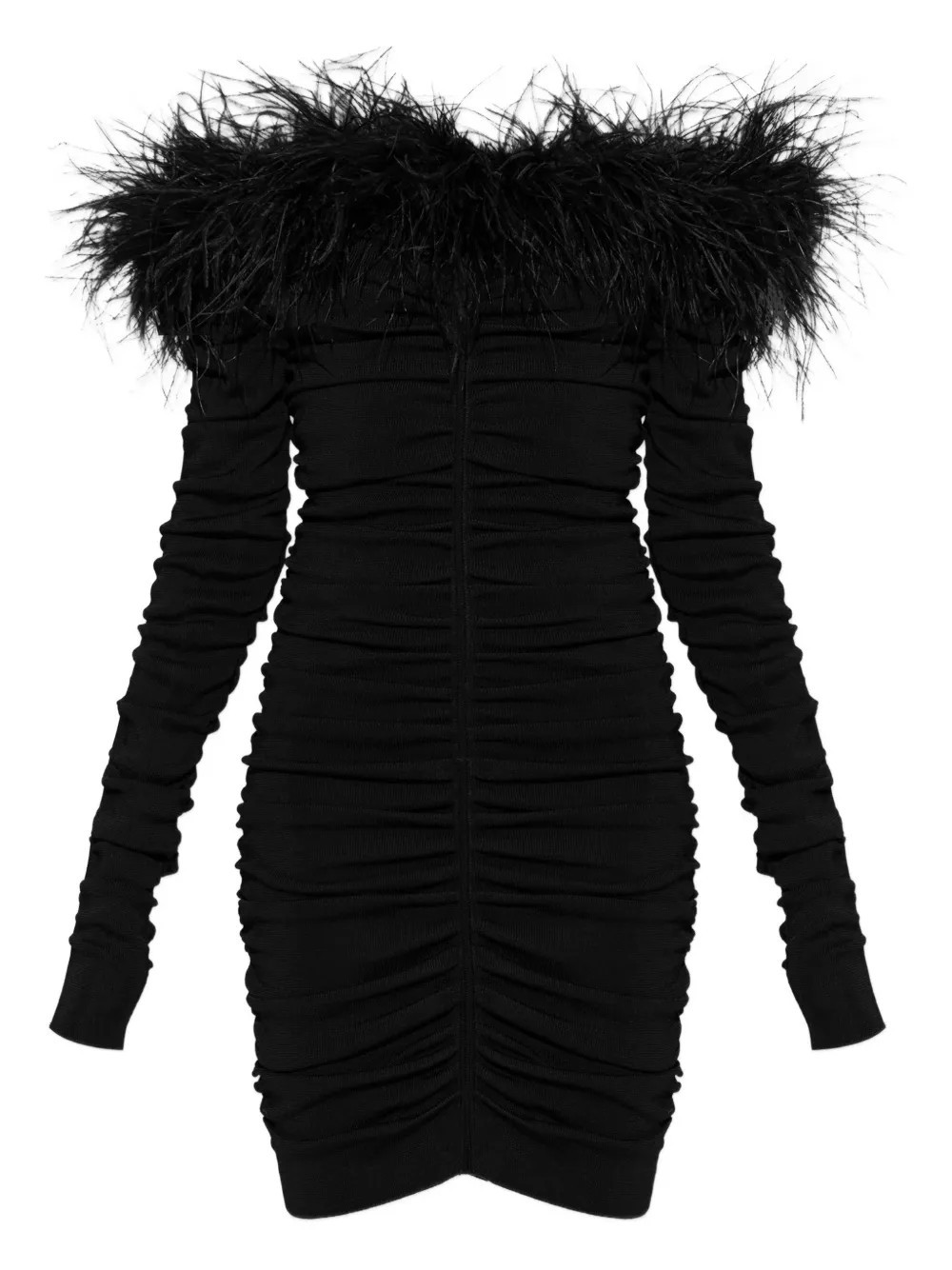 Self-Portrait feather ruched mini dress - Black | Farfetch Global