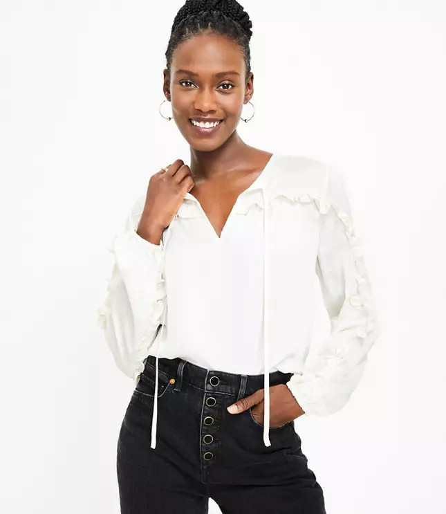 Ruffle Sleeve Mixed Media Blouse | LOFT