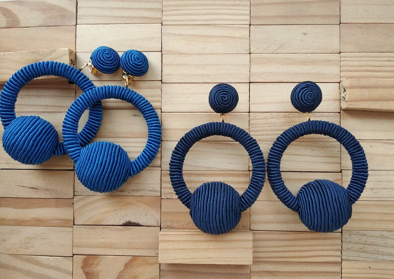 Hoop La La silk Earrings classic navy blue denim,ivory Les BonBons hoop drop,Ball clip on earring... | Etsy (US)