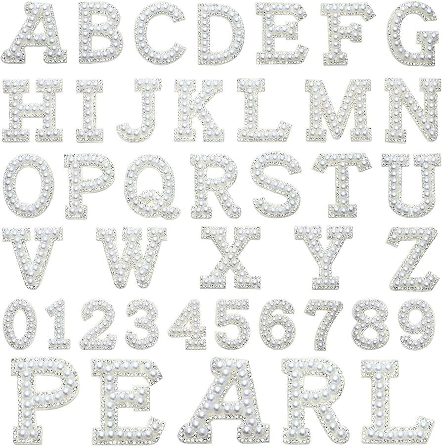 36 Pieces Iron on Letter A-Z 0-9 White Pearl Rhinestone Chenille Letter Patches Iron on Glitter A... | Amazon (US)