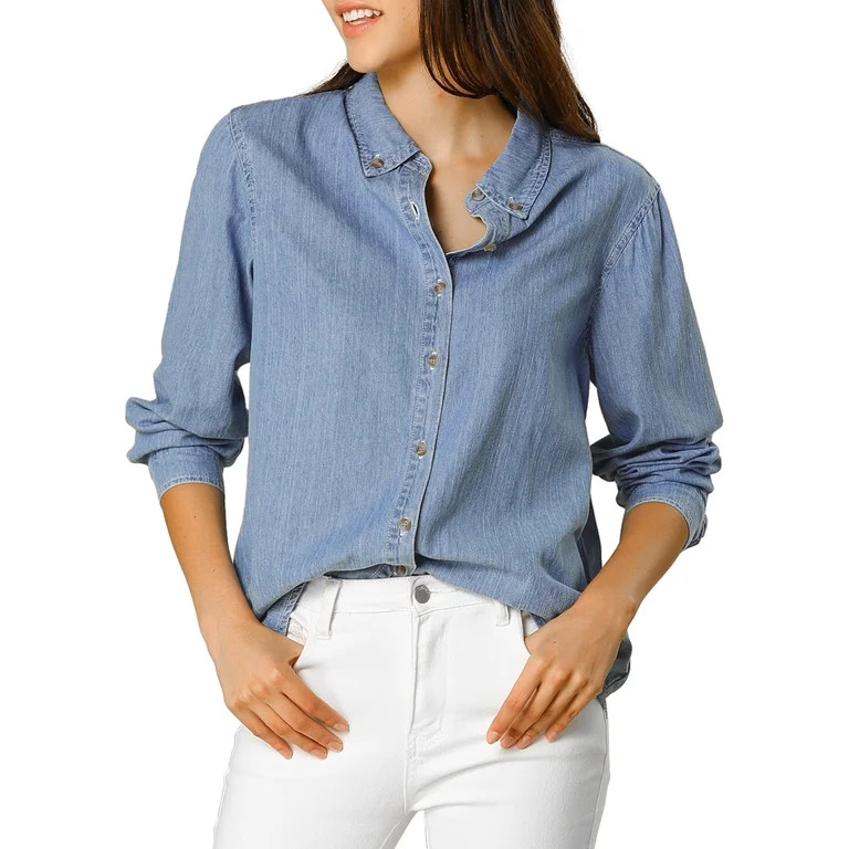 Allegra K Women's Solid Shirts Long Sleeve Button Down Denim Shirt | Walmart (US)